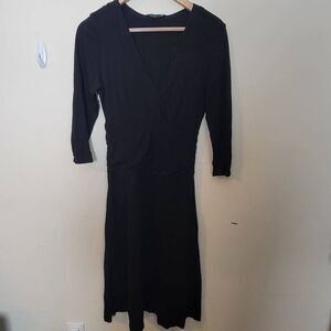 Boden V neck Cross Front 3/4 Sleeves Tencel Ruched Black Midi Dress 12L